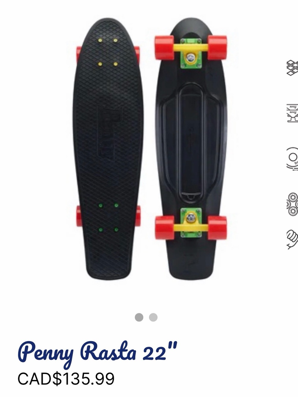 Penny Rasta 22" Skateboard - Black with Red Wheels - Small Chip on top on deck